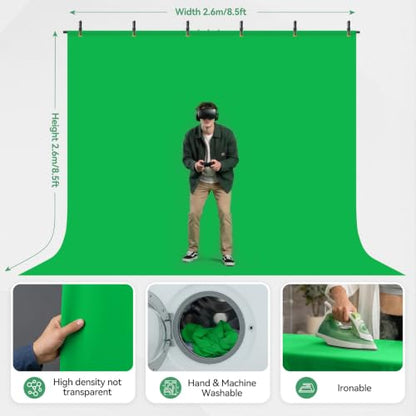 EMART Green Screen Backdrop Kit, 8.5x8.5ft Large Green Screen Backdrop with 8.8x7.5FT Reverse Folding T-Shape Tripod Stand, Spliced Crossbar Plate & 6 Clamps for Studio Shooting, Live Stream