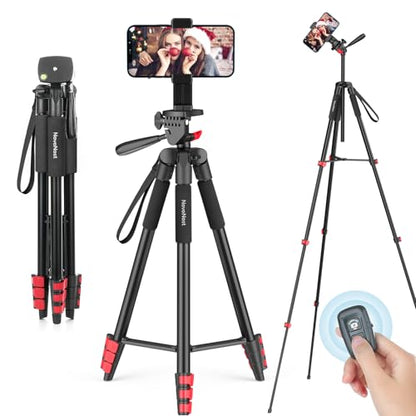65" Phone Tripod Stand for iPhone Camera Wireless Remote & Holder | 574g Ultra-Lightweight 65" Height. Max Load 4.4lb. 360° Pan Head for Vlogging. Includes Bluetooth Remote & Tripod Carry Bag