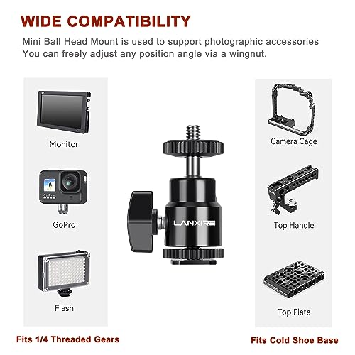 Camera Hot Shoe Mount with 1/4" Screw and Ball Head Adapter - Compatible with Camera, Camcorder, Smartphone, Action Camera, LED Lights, Microphone - 2 Pack