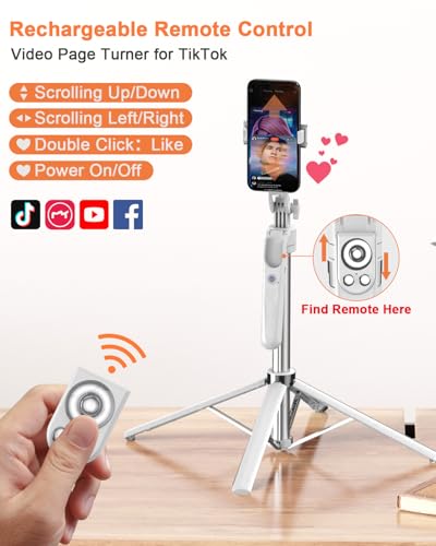 Yeaki 71” Auto Face Tracking Tripod for iPhone with Light,360° Rotating Phone Stand with Rechargeable Remote Control for TikTok Vlog, Phone Tripod for Android Camera/GoPro/Ring Light (White) - color: White