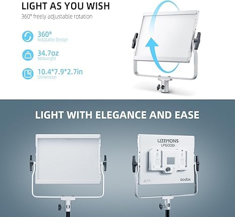 Godox LP600Bi Led Video Light Panel Light with Barndoor, 2-Pack Bi-Color 2800K~6500K 65W Soft Lights with Light Stand, APP Control CRI96+ 9020Lux LED