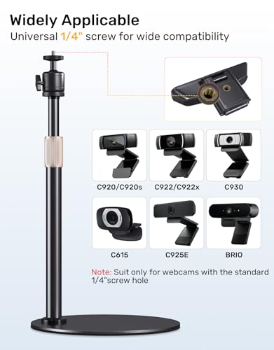 Webcam Tripod Stand for Desk Height Adjustable & 360° Swivel Webcam Mount Compatible with Logitech Webcam C922 C930e C920S C920 C615 C960 NexiGo N60 and BRIO and Other Devices with 1/4" Thread - size: Larger Base