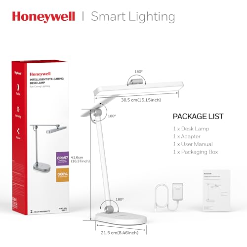 Honeywell Desk Lamp for Home Office, H4 Sunturalux™ Eye-Caring LED Desk Light, 700LM Dimmable Desk Lamp with Timer, Adjustable Desk Reading Light, Touch Auto Dimming Table Lamp for Study, Bedroom - color: White
