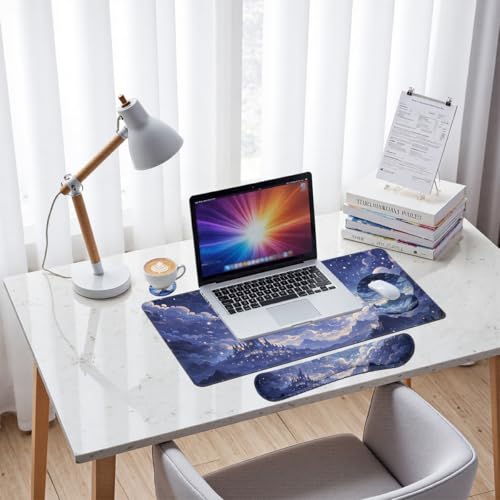 Moonlit Castle Desk Mat Set Dream Night Sky Large Mouse Pad with Wrist Rest 4in1 Desk Mat for Desktop Ergonomic Computer Desk Arm Wrist Anti-Slip Computer Ergonomic Mouse Pad Home Office Gaming - color: Moonlit Castle