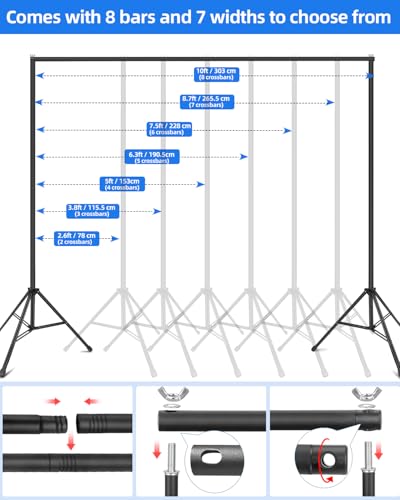 Hemmotop Backdrop Stand 10x8ft (WxH), Photography Background Stand for Parties, Adjustable Photo Backdrop Stands Kit for Wedding, Photo Booth, Party, Decoration, Balloon, Projector Screen - size: 10x8ft