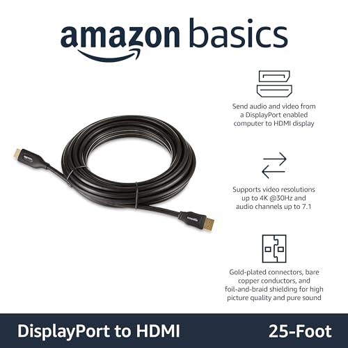 Amazon Basics DisplayPort to HDMI Cable, Video and Audio, Uni-Directional, 1920x1200, 1080p, Gold-Plated Plugs, 25 Foot, Black - size: 25 Feet, style: 1-Pack