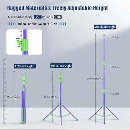 SH Light Stand Photography, 9.1ft/280cm Air Cushioned Studio Light Stand, Heavy Duty Metal Photo Video Tripod Stand with 1/4" to 3/8" Screw for Strobe, Camera, Ring Light, Softbox, Max Load 22lb/10kg - color: Green