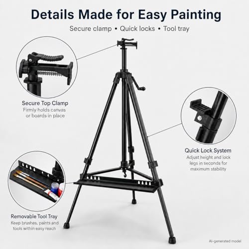 RRFTOK 21-61 Inch Adjustable Art Easel Stand for Painting with Tray | Portable metal easel with paintbrush tray for painting, canvas holder, artists, adults and floor use - style: 61B 1-Pack