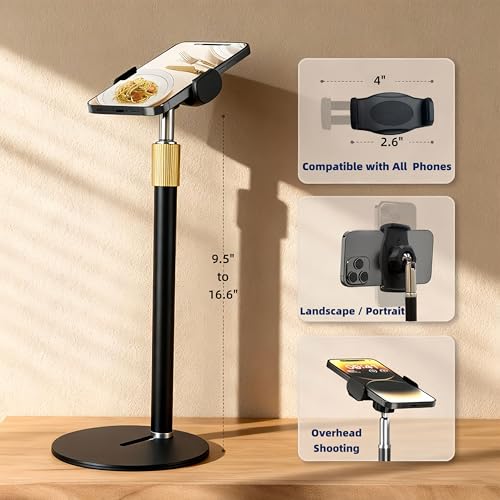Phone Stand for Desk, Adjustable Height 9.8"-20", Full Metal Weighted Base, Small Tripod for iPhone Android with Case, Compatible with 4-7" Phones for Recording Video Call, Desk Phone Holder