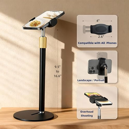 Phone Stand for Desk, Adjustable Height 9.8"-20", Full Metal Weighted Base, Small Tripod for iPhone Android with Case, Compatible with 4-7" Phones for Recording Video Call, Desk Phone Holder