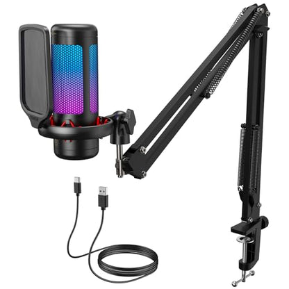TONOR Gaming Microphone Set with Boom Arm, Vocal Condenser Microphone for Content Creators, USB Mic for PC with Stand, RGB, Tap Mute, Gain Control, Gaming Equipemnt, Twitch, Streaming, TC310+ - style: RGB Mic with Boom Arm