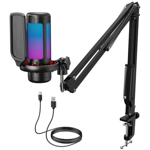 TONOR Gaming Microphone Set with Boom Arm, Vocal Condenser Microphone for Content Creators, USB Mic for PC with Stand, RGB, Tap Mute, Gain Control, Gaming Equipemnt, Twitch, Streaming, TC310+ - style: RGB Mic with Boom Arm