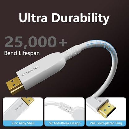 8K Fiber Optic HDMI Cable 20FT, Long Active HDMI 2.1 Cable 48Gbps Ultra High Speed 8K@60Hz 4K@120Hz HDR10 eARC 3D HDCP 2.3 Compatible for Laptop, PC, Monitor, PS5, PS4, Xbox, HDTV, Projector - size: 20FT