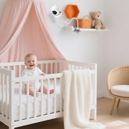 Baby Monitor Clip Mount for HelloBaby HB6550/HB6560/HB6148/HB6240//HB66/HB6339, ANMEATE SM935E – Adjustable Clamp Baby Camera Holder Stand, No Drilling, Flexible Mount for Cribs, Desks, and Shelves - color: White