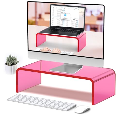 Acrylic Monitor Stand Riser Pink Laptop Stand Riser L15 xW7.5 xH4 | PC Holder,Compatible with All Notebooks and Monitor, Decoration for Office & Home,Pink Aesthetic Design,Office Supplies - size: 15''-Pink