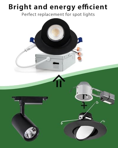 zouzai 4 Inch Gimbal LED Recessed Lights, Black, 1 Pack, with Junction Box, 360°+ 90° Adjustable, 5CCT 2700K-5000K, Dimmable, Canless Eyeball Downlight, CRI90+, 980LM 10W 120V, ETL - color: Black-4 inch, size: 1 Pack