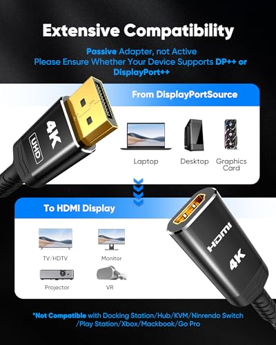 Highwings 4K DisplayPort to HDMI Adapter, Uni-Directional DP to HDMI Adapter Converter Cable Male to Female, HDMI Abapter Compatible with Laptop Desktop HDTV Monitor Projector, Black, Passive - color: Black, style: 4K 30Hz-1 Pack