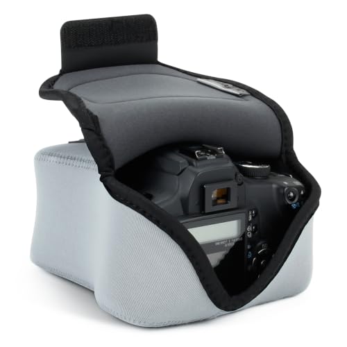 USA Gear Camera Sleeve (Medium) for Compact SLRs Compatible with Canon EOS R100 Nikon Z30 Sony ZV-E10, and more - Padded Neoprene DSLR Case with Zipper Accessory Pocket & Belt Loop (Gray) - color: Gray, size: Compact SLR