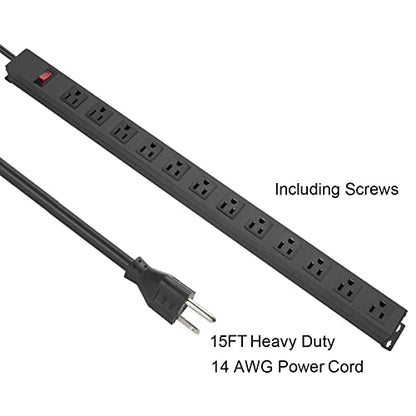 HHSOET Aluminum Wall Mount Power Strip - 12 AC Outlets, 15 FT Cord, 15A 125V Switch - size: 15 ft, style: 12 Outlets