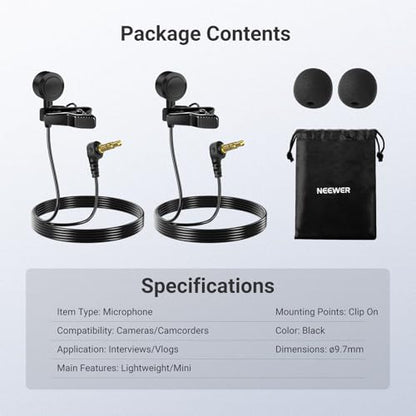 NEEWER ø9.7mm Lavalier Microphone (2 Pack), 3.5mm TRS Clip On Lapel Wired Omnidirectional Condenser Lav Mic with 1.5m Cable & Windscreen for Video Recording, Vlogging, Filming, LM10 - style: LM10