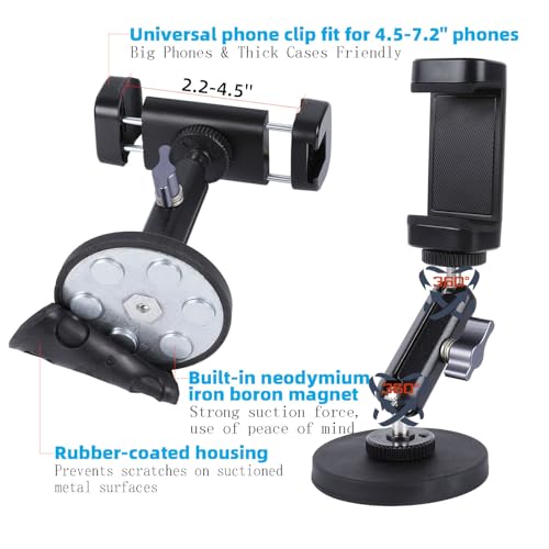 Gym Magnetic Phone Holder Mount with 360° Adjustable Dual Ballhead Magic Arm, Magnet Base Phone Mount for Gym Equipment, Refrigerator, or Any Ferrous Metal Surface, Compatible with All Smartphones