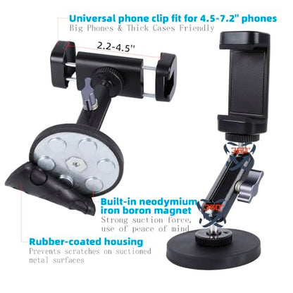 Gym Magnetic Phone Holder Mount with 360° Adjustable Dual Ballhead Magic Arm, Magnet Base Phone Mount for Gym Equipment, Refrigerator, or Any Ferrous Metal Surface, Compatible with All Smartphones