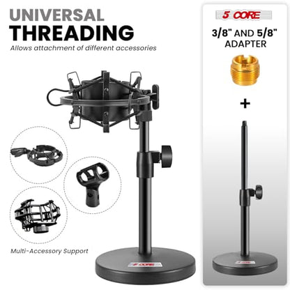 5 Core 3 in 1 Multi Function Desk Microphone Stand Adjustable Table Desktop Mic Stands with Microphone Cell Phone Clip to 3/8" Female to 5/8" Male Metal Adapter Black