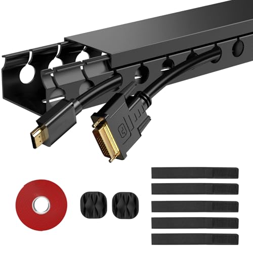 ENONCI Updated Cable Raceway Kit - 77 (5x15.4) Inch Open Slot Wire Covers for Cords, Under Desk Cable Management System to Hide Under Desk/Tv/Computer/Net/Power Cords, (Pack 5) - color: Black, size: 5 Pack
