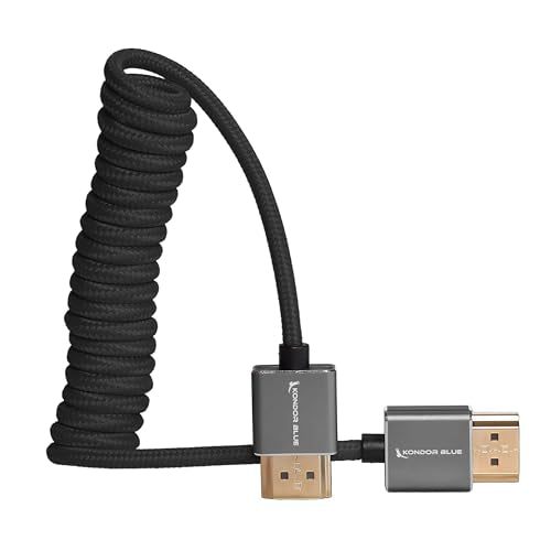 KONDOR BLUE | Full HDMI 2.0 Type A Male to Male 12"- 24" Coiled Braided Cable | 4K 60Hz 18Gbps, HDR, 3D, Reinforced | for On-Camera Monitors & Recorders + More | Black - color: Black