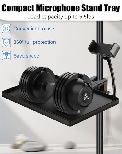 BILIONE Mic Stand Tray with Gooseneck Phone Holder, 10.6" X 7.8" Microphone Stand Tray Crab Clamp On Music Stand Floor Shelf Pole Mount, Karaoke Accessories - style: Tray with Phone Holder