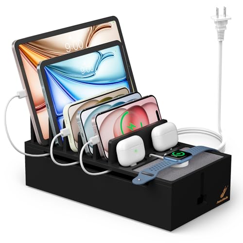 Pezin & Hulin Multi Charger Station Organizer, 5-Port USB Charger Dock with 6 Cables, Cable Management Box, Cord Organizer for Desk, Wire Organizers and Storage for Cords and Power Strip -Black - color: Black