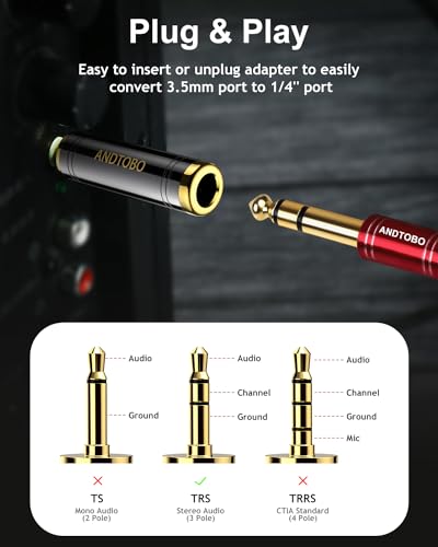 ANDTOBO 1/4'' to 3.5 mm Stereo Pure Copper Headphone Adapter, 3.5 mm(1/8'') Plug Male to 6.35 mm (1/4'') Jack Female Stereo Adapter for Headphone, Amp Adapter, Black 2-Pack