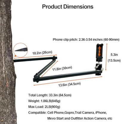 Tree Stand Phone Mount for Self Filming Hunts, Metal Hunting Camera Arm | All-metal build, 33.3 in reach, fits 60-90 mm phones, 2 lb load, Compatible GoPro Mevo Start, storage bag included