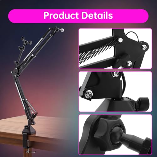 2 in 1 Microphone Arm Stand with Phone Holder, RGB Button Suspension Scissor Mic Boom Arm for Gaming/YouTube/Music Recording, 3/8" Desk Mount Clamp Metal Adjustable Mic Stand for Streaming Podcasting