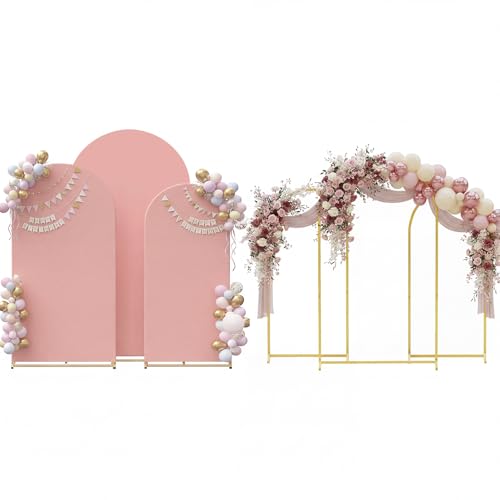 Toolterritary Set of 3 Metal Arch Backdrop Stand with Cover Set, (7.2FT, 6.6FT, 6FT Wedding Arch and Cover Set), Backdrop Arch for Party, Baby Shower, Birthday, and Graduation Ceremony - color: Pink, size: 7.2ft+6.6ft+6ft