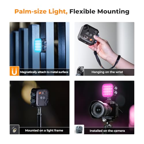K&F CONCEPT 2000mAh RGB Video Light 21 Light Effects, 2500K-9900K, CRI 96+ | 360° Full Color Portable Light, Magnetic Rechargeable LED Panel Camera Light with 1/4" Screw Mount for Vlogging Selfie, Black - color: Black