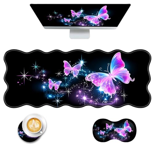 Mouse Pad with Wrist Support + Desk Mat + Coaster 3 in 1 Set, XL Large Gaming Mousepad Ergonomic Mouse Pads for Desk Computer Laptop Office,Glowing Night Pink Butterflies - color: Glowing Night Pink Butterflies, size: 3 Pcs-XL