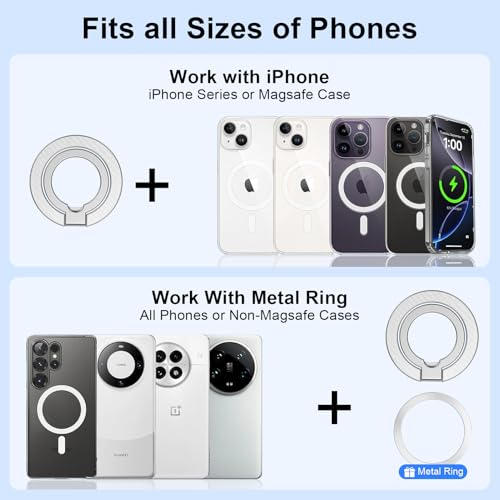 Magnetic Phone Grip Stand for iPhone 17 Pro Max/Air/16e/16/15 Pro Max, MagSafe Ring Holder Gym Finger Ring Grip Kickstand Two-Sided Magnetic Car Mount for Samsung Galaxy Z Flip7/Fold7/S26 Ultra/S25 FE - color: silver