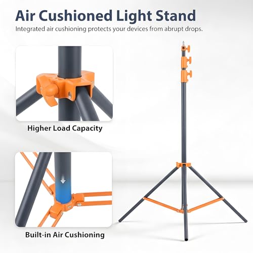 Light Stand Photography, 9.2ft/280cm Air-Cushioned Heavy Duty Studio Light Stand with 1/4" and 3/8" Screw, Aluminum Alloy Photo Video Tripod Stand for Ring Light, Softbox, LED Panel, Max Load 22lb - color: Orange