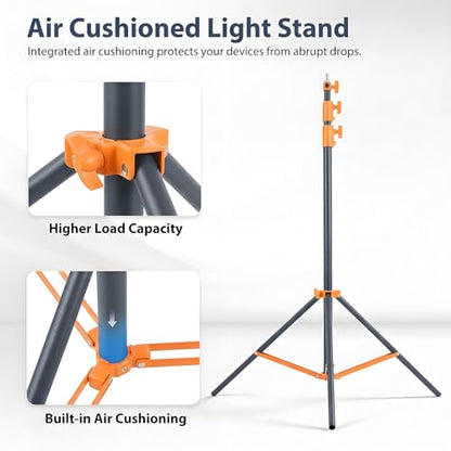 Light Stand Photography, 9.2ft/280cm Air-Cushioned Heavy Duty Studio Light Stand with 1/4" and 3/8" Screw, Aluminum Alloy Photo Video Tripod Stand for Ring Light, Softbox, LED Panel, Max Load 22lb - color: Orange