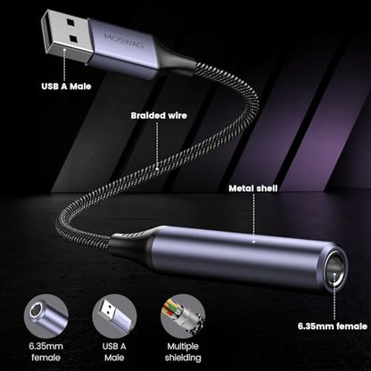 MOSWAG USB to 1/4 Jack Audio Adapter, USB to 6.35mm Female Headphone Aux Adapter with External Sound Card Compatible with Laptop, PC, Amplifier, Speaker, 6.35mm Headphone (NOT for Recording and Mic)
