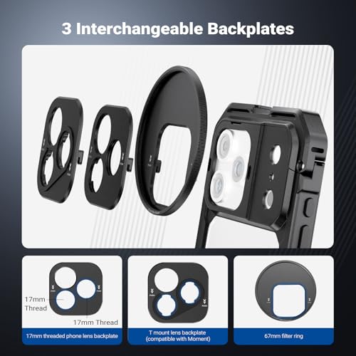 NEEWER Phone Cage Kit Compatible with iPhone 17 Pro Max Only, Video Rig Stabilizer Accessories with 67mm Filter Ring, 17mm Lens Backplate, T Mount Adapter, Two Quick Release Handles, PA144 (Black)