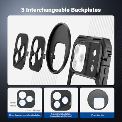 NEEWER Phone Cage Kit Compatible with iPhone 17 Pro Max Only, Video Rig Stabilizer Accessories with 67mm Filter Ring, 17mm Lens Backplate, T Mount Adapter, Two Quick Release Handles, PA144 (Black)