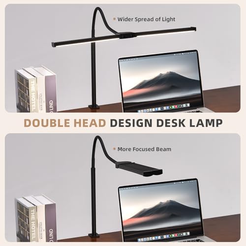 Voncerus LED Desk Lamp for Home Office, Double Head Architect Light with Clamp, Computer Monitor Clip on Light, 3 Modes and 10 Brightness, Adjustable Flexible Goose-Neck, Table Task Lamp, Black - color: Black Pro