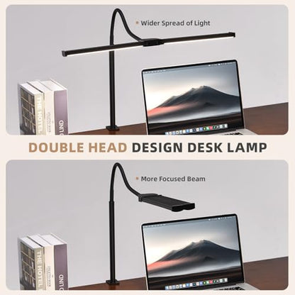Voncerus LED Desk Lamp for Home Office, Double Head Architect Light with Clamp, Computer Monitor Clip on Light, 3 Modes and 10 Brightness, Adjustable Flexible Goose-Neck, Table Task Lamp, Black - color: Black Pro