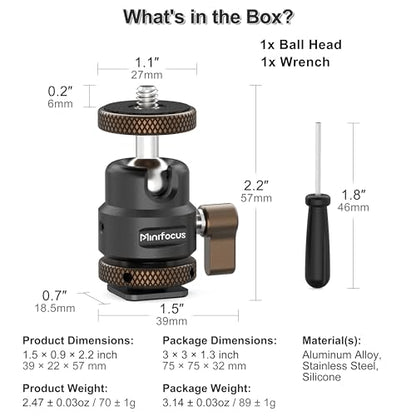 MINIFOCUS Metal Ball Head Camera Mount 360 Rotating with 1/4" Screw and Cold Shoe Adapter, 11lbs/5kg Load for 1/4" Tripod, Monopod, DSLR, Flash, Cell Phone Holder, Action Camera - color: S3017