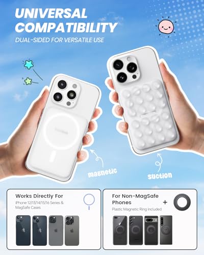 Klearlook 2PCS Magnetic Suction Phone Mount for MagSafe Case, Sticky Phone Grip Holder for iPhone, Removable Hands-Free Selfie/Video for TikTok Influencers, Women Girl Teen Gift, Transparent - color: Transparent & Transparent