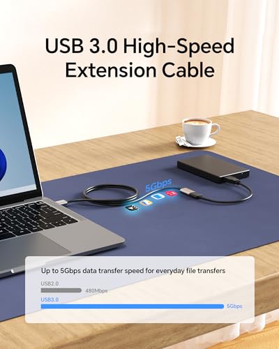 6.6ft USB Extension Cable, USB 3.0 A Male to Female Extender Cable, 5Gbps High-Speed Data Transfer, Gold-Plated & Anti-Interference Compatible with Keyboard/Mouse/Printer/VR/Webcam/Hard Drive - size: 6.6ft