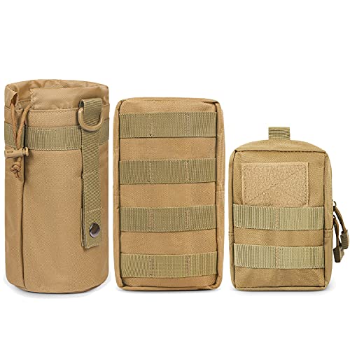 3 Pack Molle Pouch Combo Water Bottle Pouch Holder Tactical Molle Pouches Compact Utility Waist Bag Pack - color: Combo A:Khaki