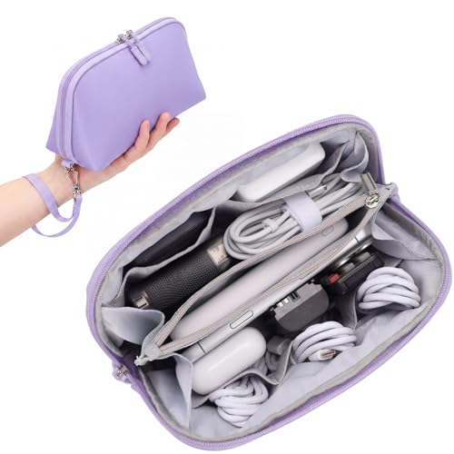 FYY Travel Cable Organizer - 8 Compartments, Lightweight, Water Repellent | With Wrist Strap, Portable Tech Pouch for Cord Charger, Travel and Business Trips Use, Soft Shell Nylon, Purple (Medium) - color: Purple, size: (M) 8.9"× 5.1"× 3.3"